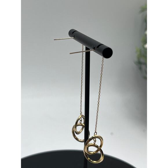 JCM 14K Yellow Gold Double Hoop Circles Dangle Threader Pierced Earrings - Picture 5 of 7